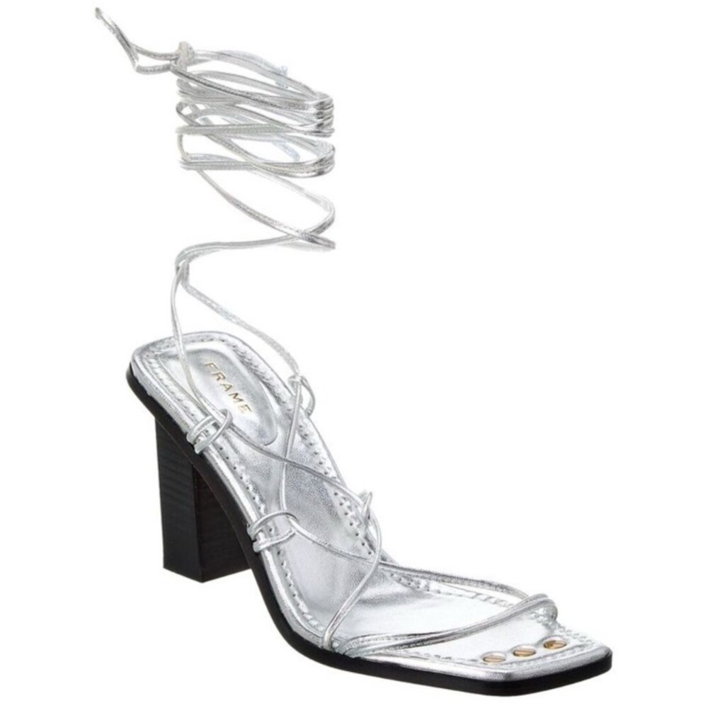 NEW Frame Le Doheny Leather Heeled Sandals in Silver, Size 38